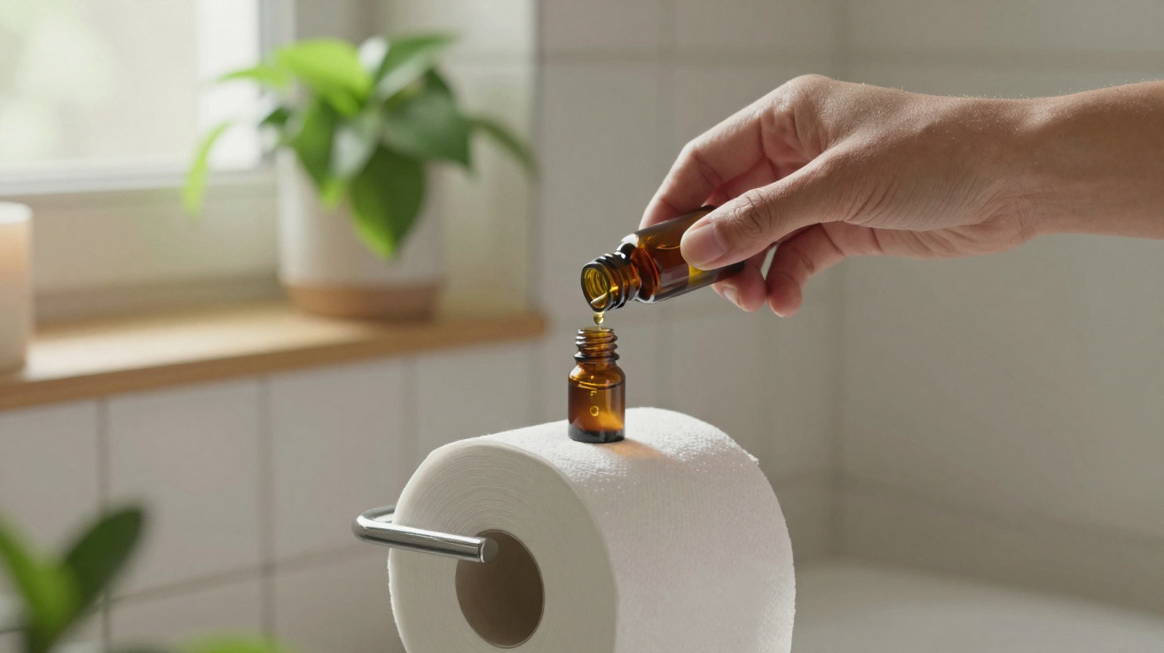 Mão pingando óleo essencial em um porta papel higiênico de rolo branco no banheiro com planta ao fundo.