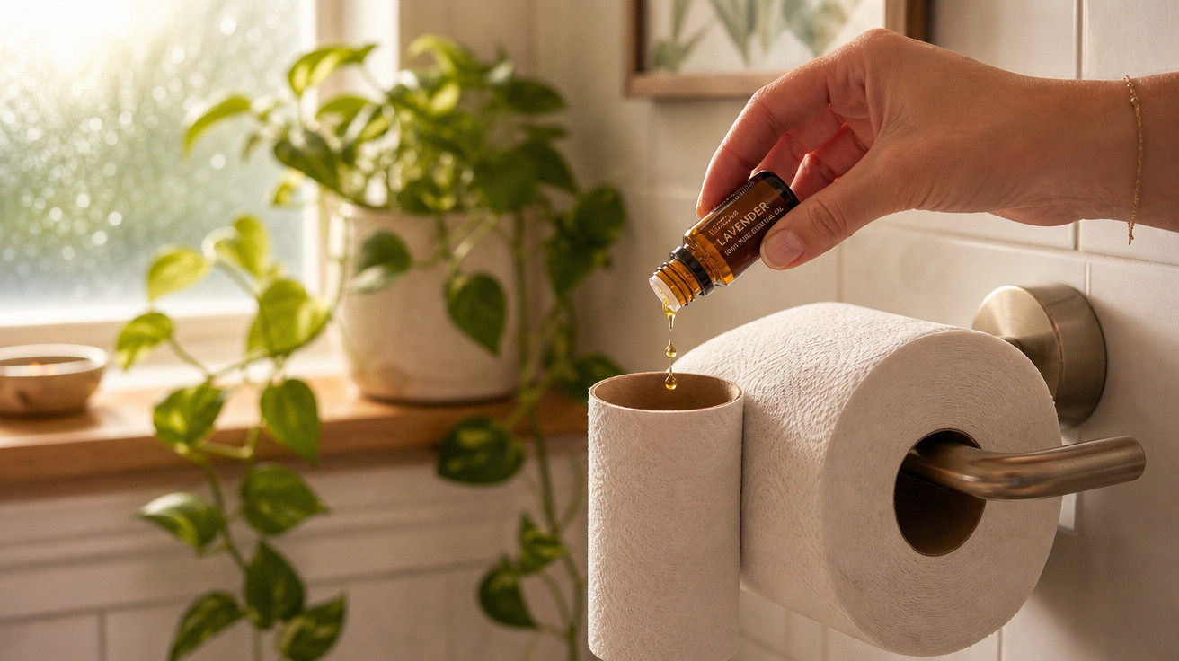 Mão pingando óleo essencial de lavanda no papel higiênico em suporte de banheiro com plantas ao fundo.