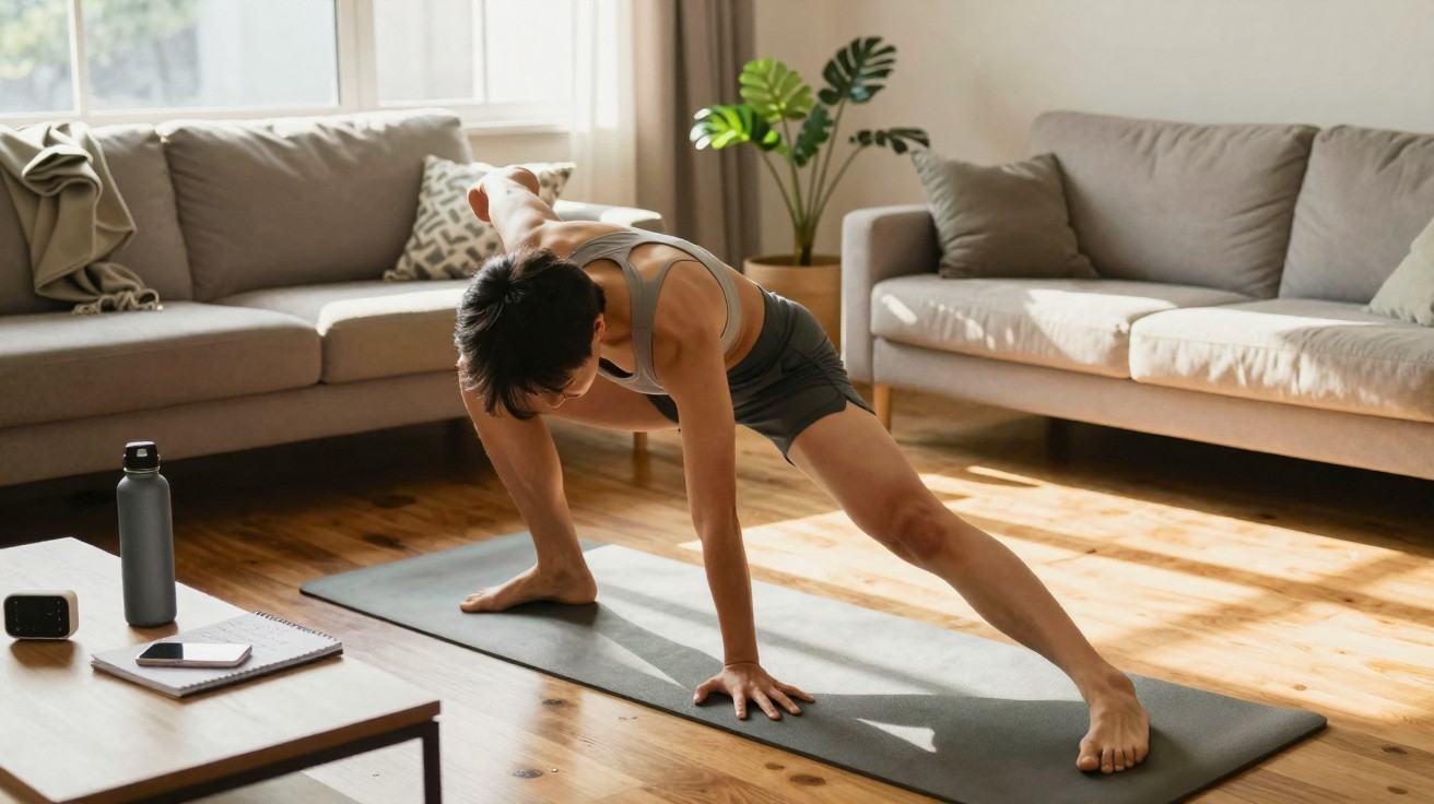Pessoa fazendo alongamento em tapete de yoga em sala de estar com sofá, planta e luz natural.