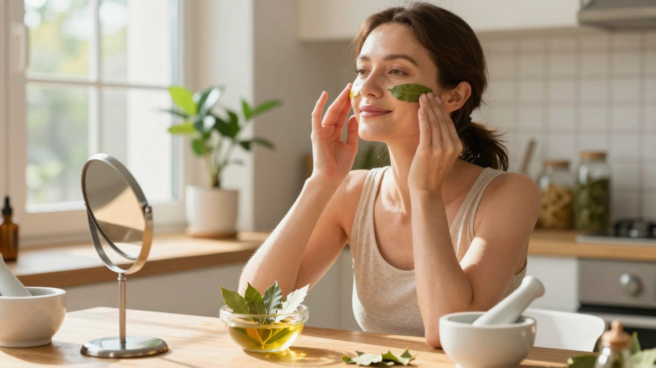Mulher aplicando folha verde no rosto sentada à mesa com ingredientes naturais para skincare em cozinha iluminada.