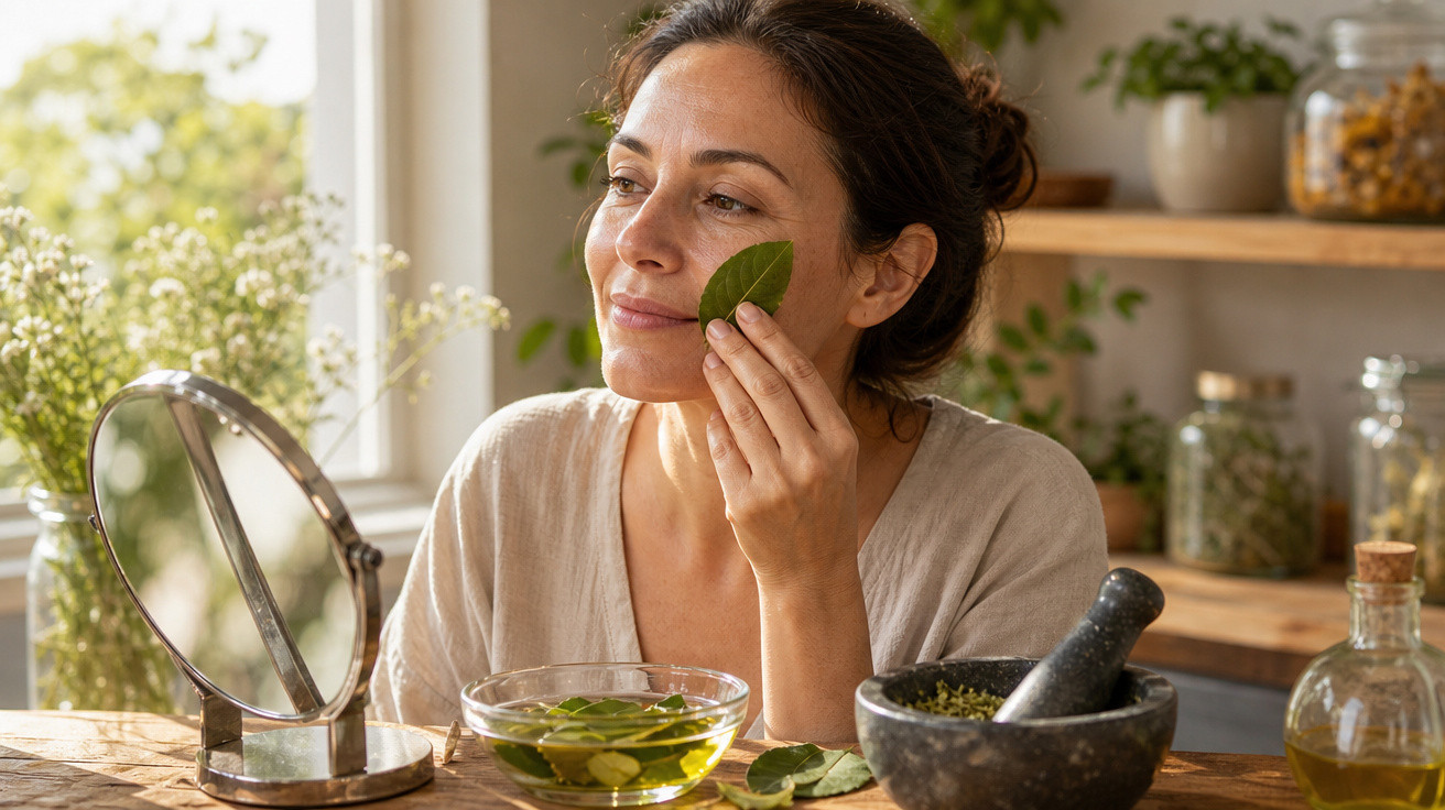 Mulher usando folha de planta para cuidar da pele, sentada à mesa com espelho e ervas naturais.
