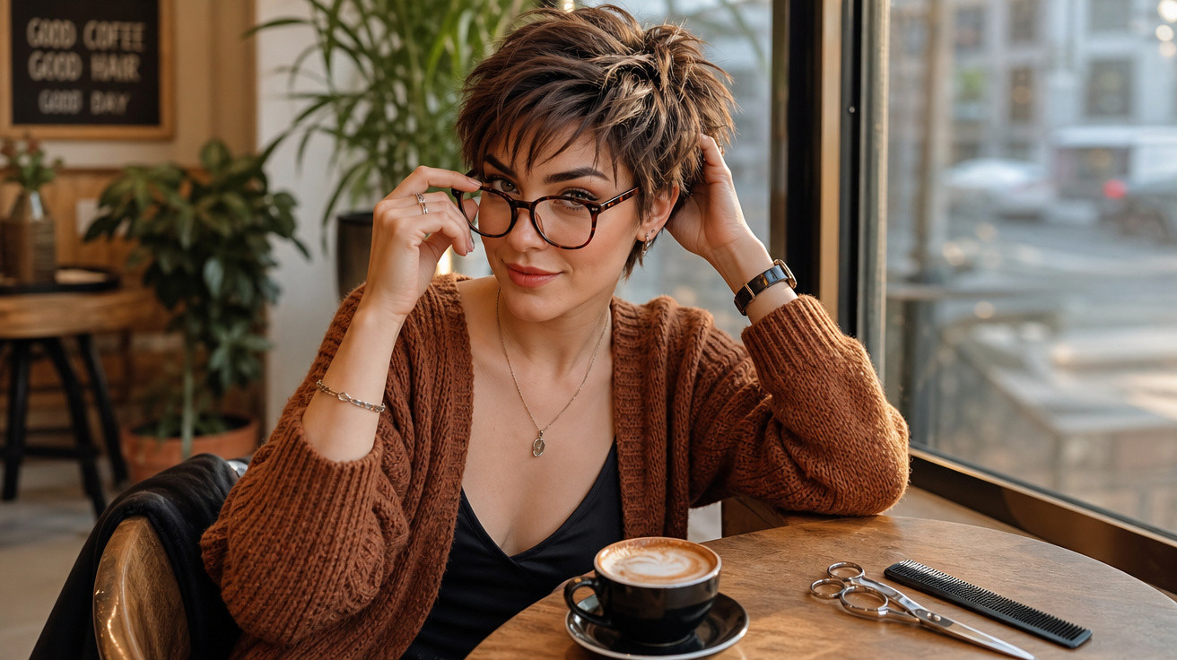 Mulher de cabelo curto e óculos ajustando armação sentada em café com xícara de cappuccino e tesoura de cabeleireiro.