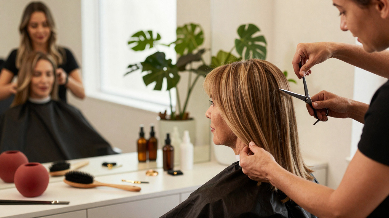Cliente loira recebendo corte de cabelo de cabeleireiro em salão de beleza moderno com produtos na bancada.