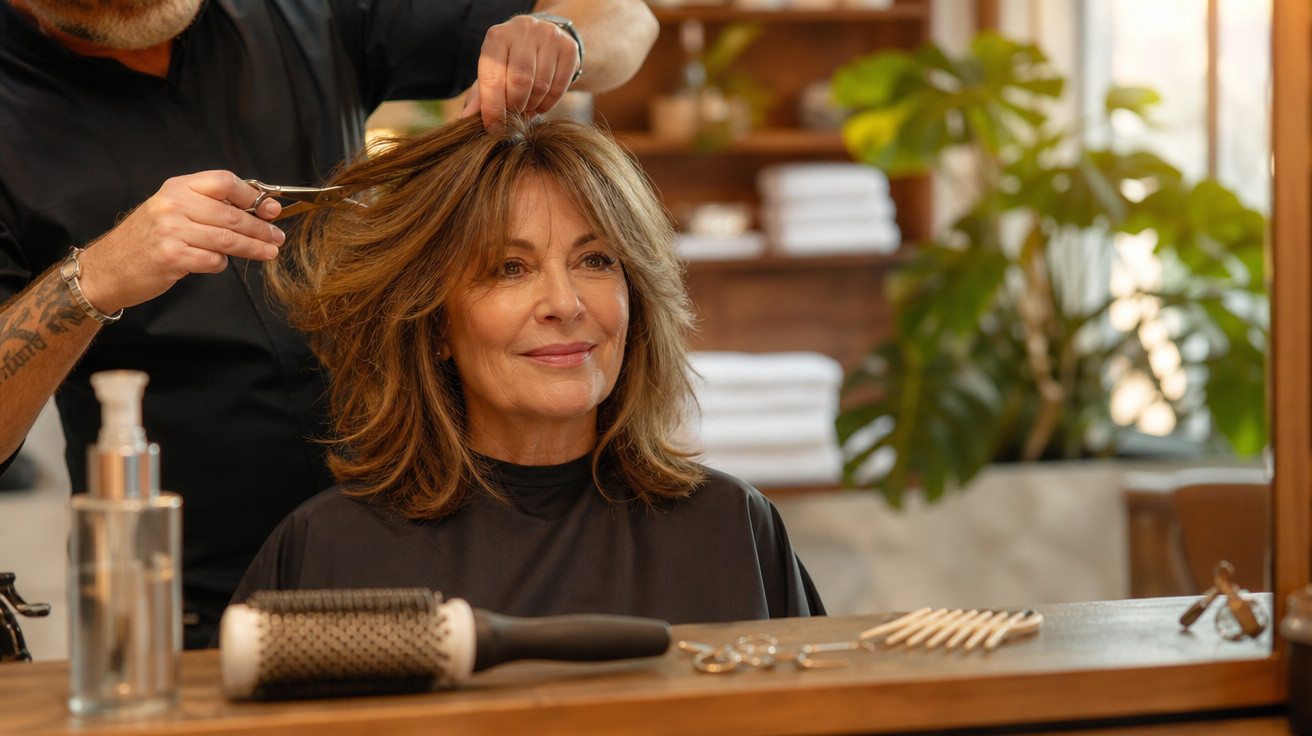 Mulher de meia-idade sorrindo enquanto cabeleireiro corta seu cabelo em salão iluminado e moderno.