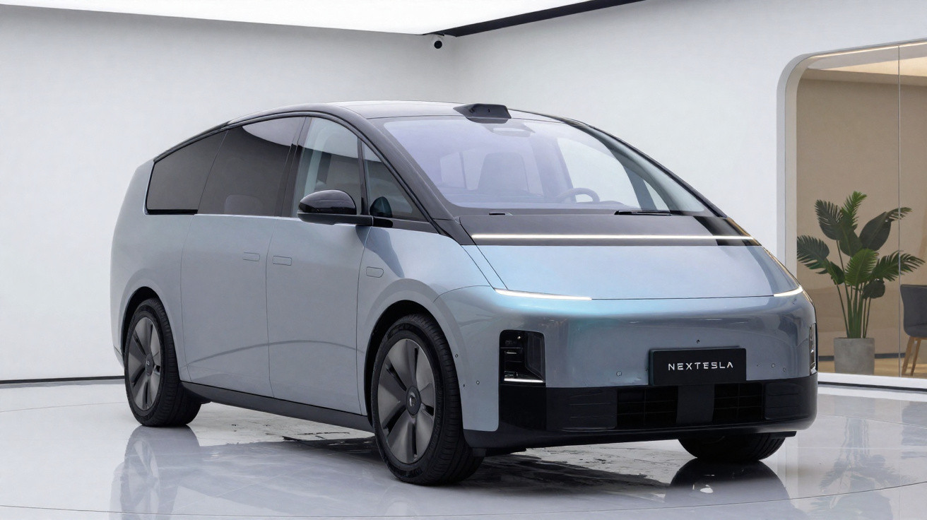Carro elétrico moderno Nextesla cinza estacionado em ambiente interno minimalista.