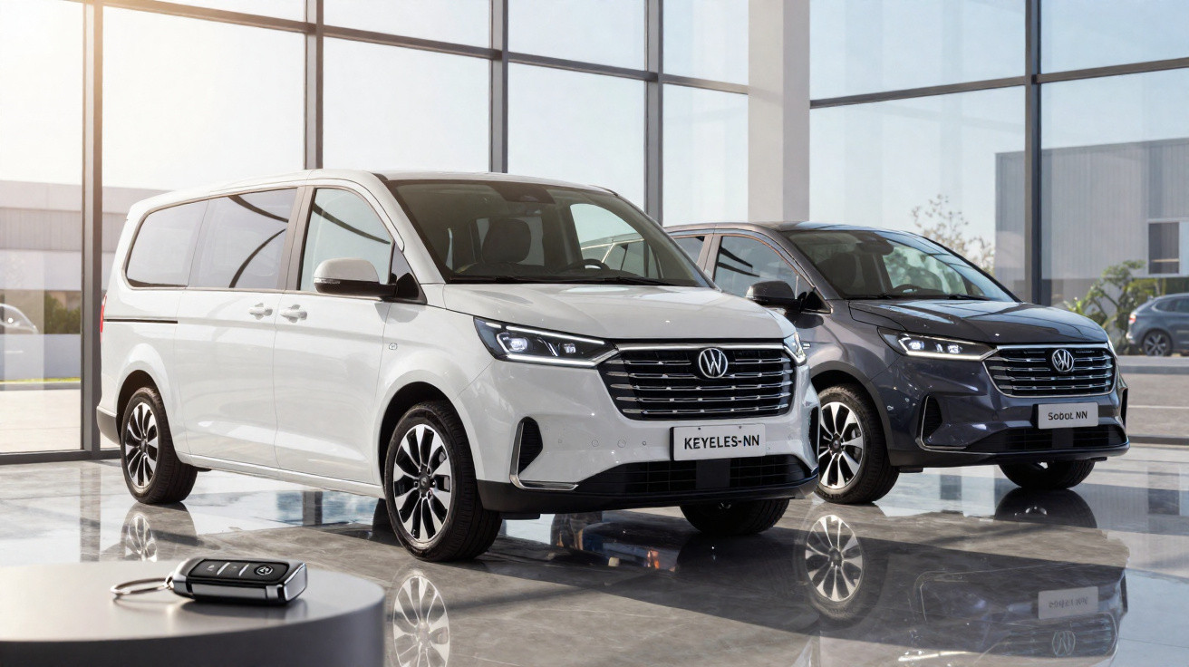 Duas vans modernas estacionadas em showroom com chaves sobre mesa em primeiro plano, ambiente iluminado.
