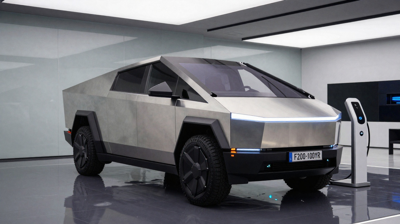Carro elétrico futurista Tesla Cybertruck prateado em ambiente interno junto a estação de carregamento.