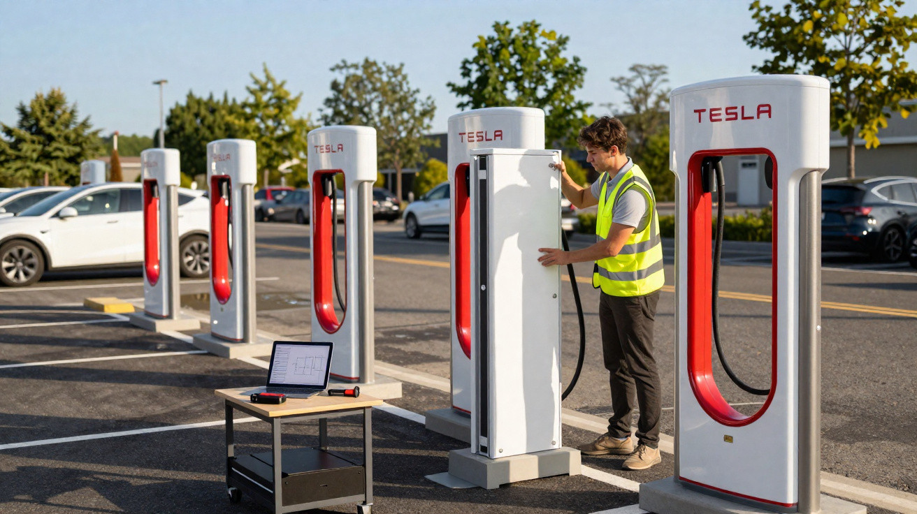 Homem com colete amarelo inspeciona estação de carregamento Tesla para carros elétricos em estacionamento.