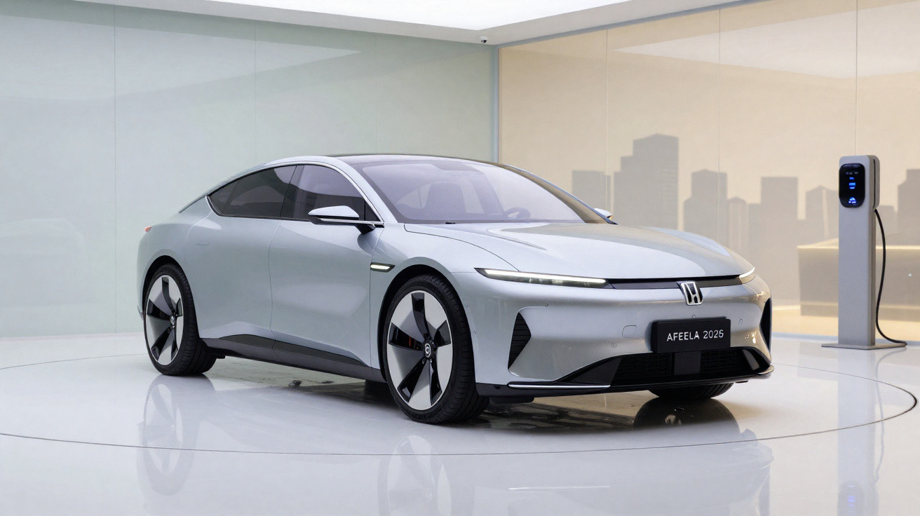 Carro elétrico Honda Afeela 2025 prata, design moderno, estacionado em ambiente minimalista com estação de recarga.