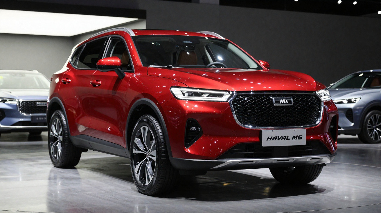 SUV vermelho Haval M6 em exposição, com faróis modernos e rodas grandes.
