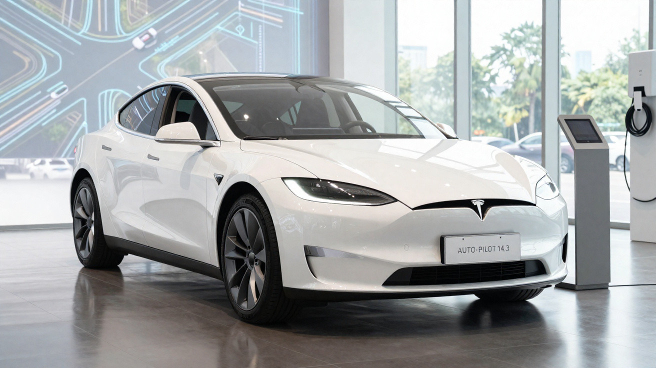 Carro elétrico branco Tesla Model S exibido em showroom moderno com janela grande ao fundo