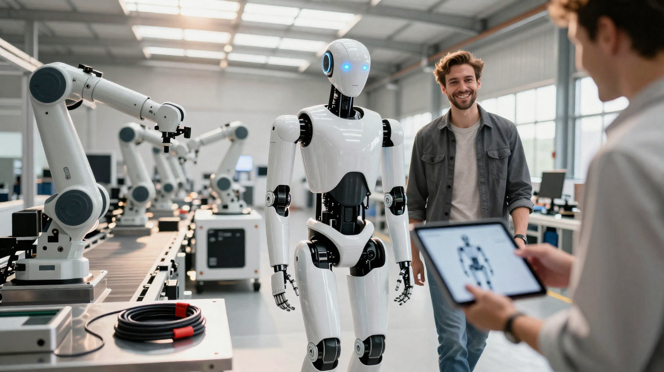 Robô humanóide em laboratório tecnológico com engenheiros usando tablet para programação e ajustes.