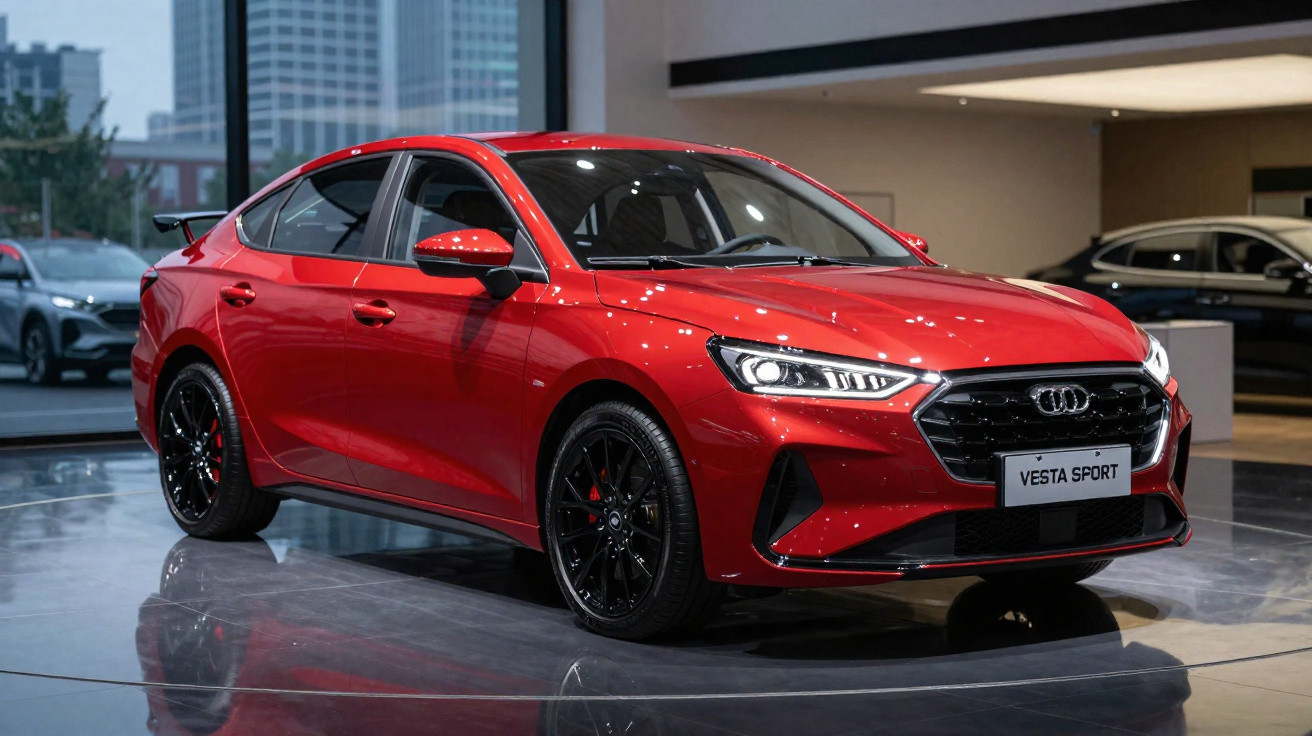 Carro vermelho esportivo Vesta Sport exibido em salão automotivo com rodas pretas e faróis acesos.
