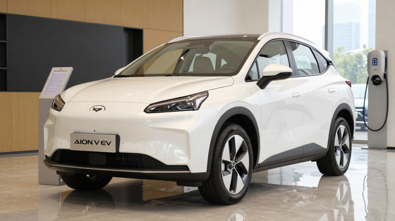 Carro elétrico branco Aion V EV exibido em showroom moderno com estação de recarga ao fundo.