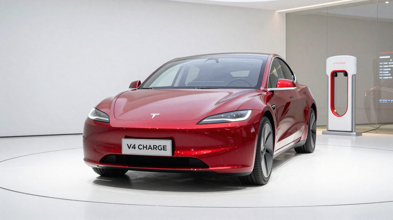 Carro elétrico Tesla vermelho modelo V4 Charge em exposição com carregador ao fundo.