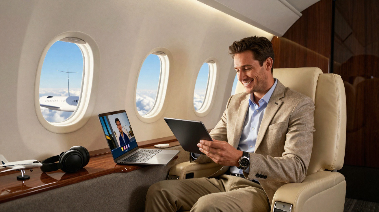 Homem sorridente usando tablet sentado em poltrona de jatinho particular com laptop aberto.