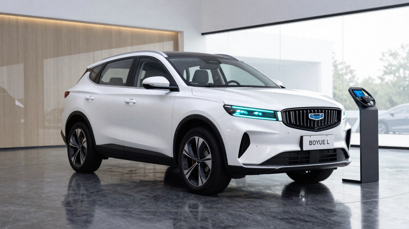 SUV elétrico branco modelo Boyue L em showroom moderno com piso de mármore e parede de vidro.