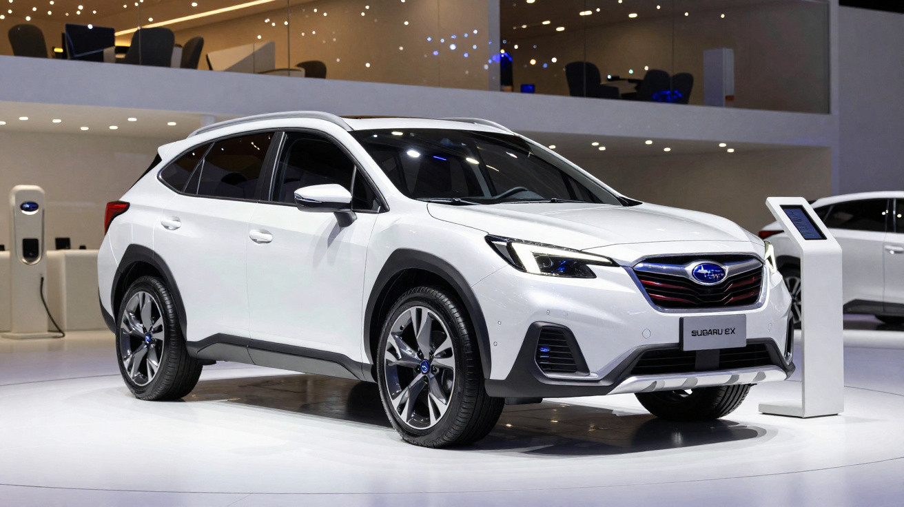 Carro branco Subaru EX em exposição, SUV moderno com design aerodinâmico e rodas grandes.
