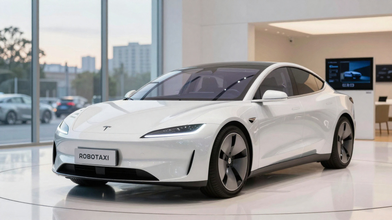 Carro elétrico branco Tesla Model S Plaid exibido em salão moderno com placa "ROBOTAXI".