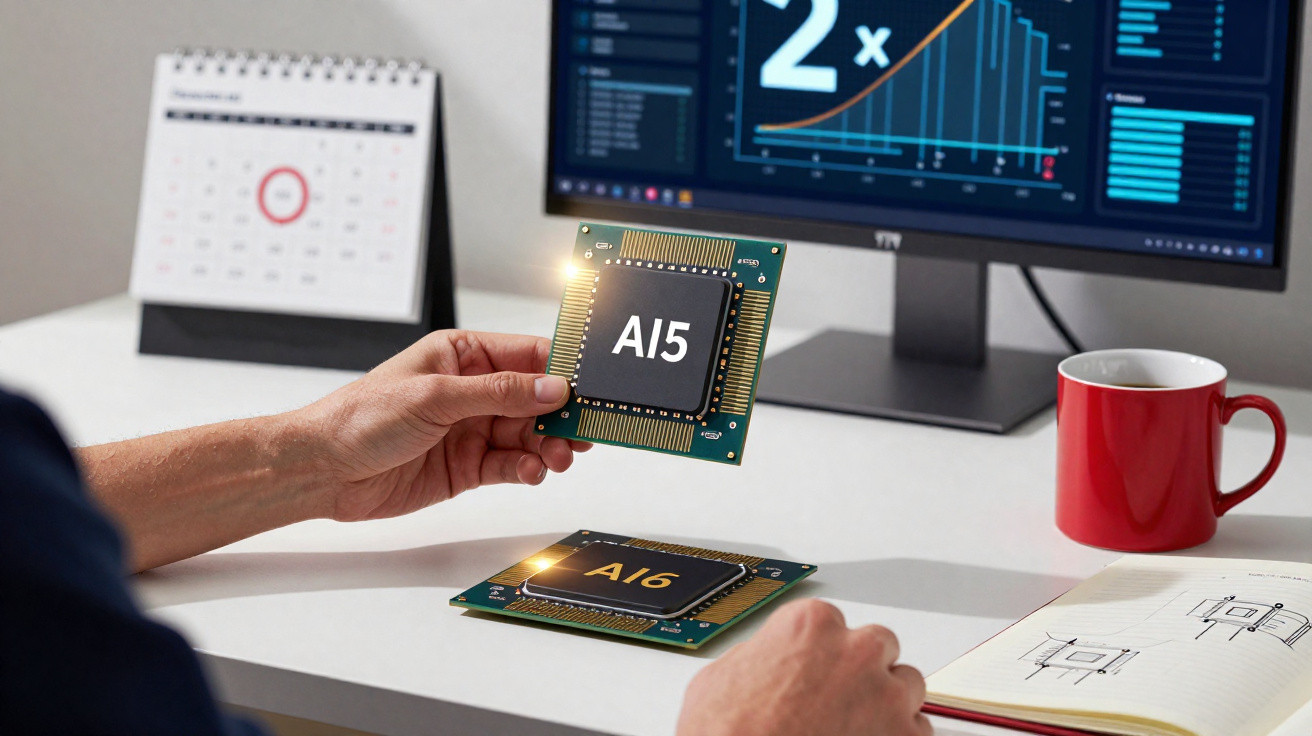 Pessoa comparando chips AI5 e AI6 em mesa com monitor, calendário e caderno de anotações.