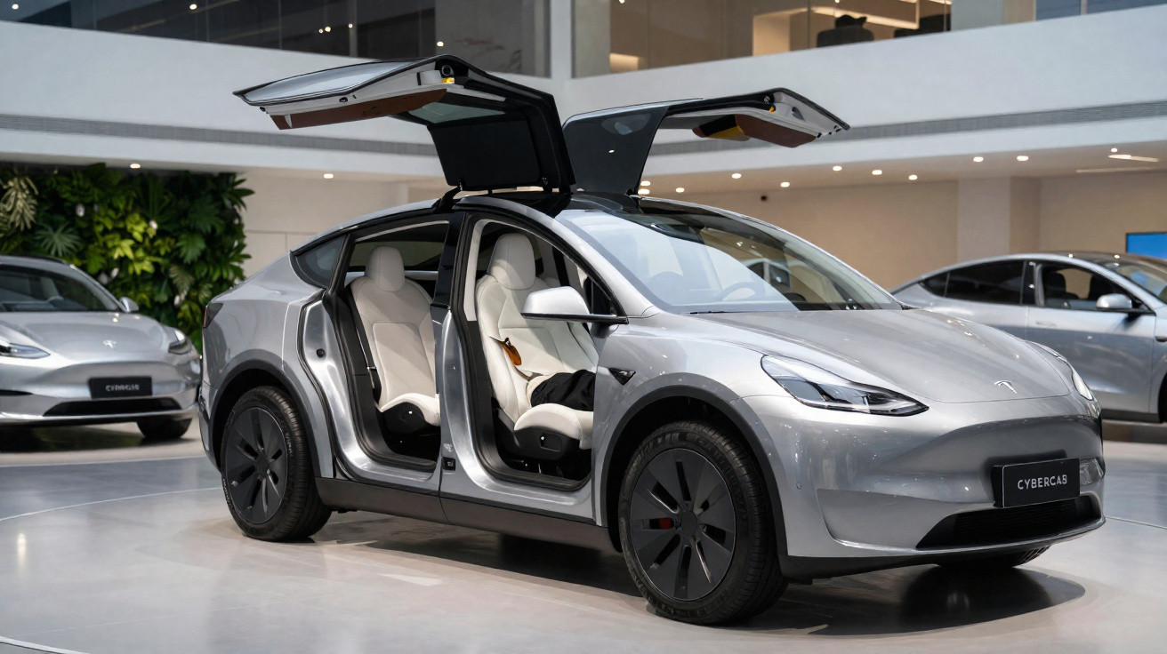 Carro elétrico prata com portas traseiras e dianteiras abertas estilo asa de gaivota em showroom moderno.