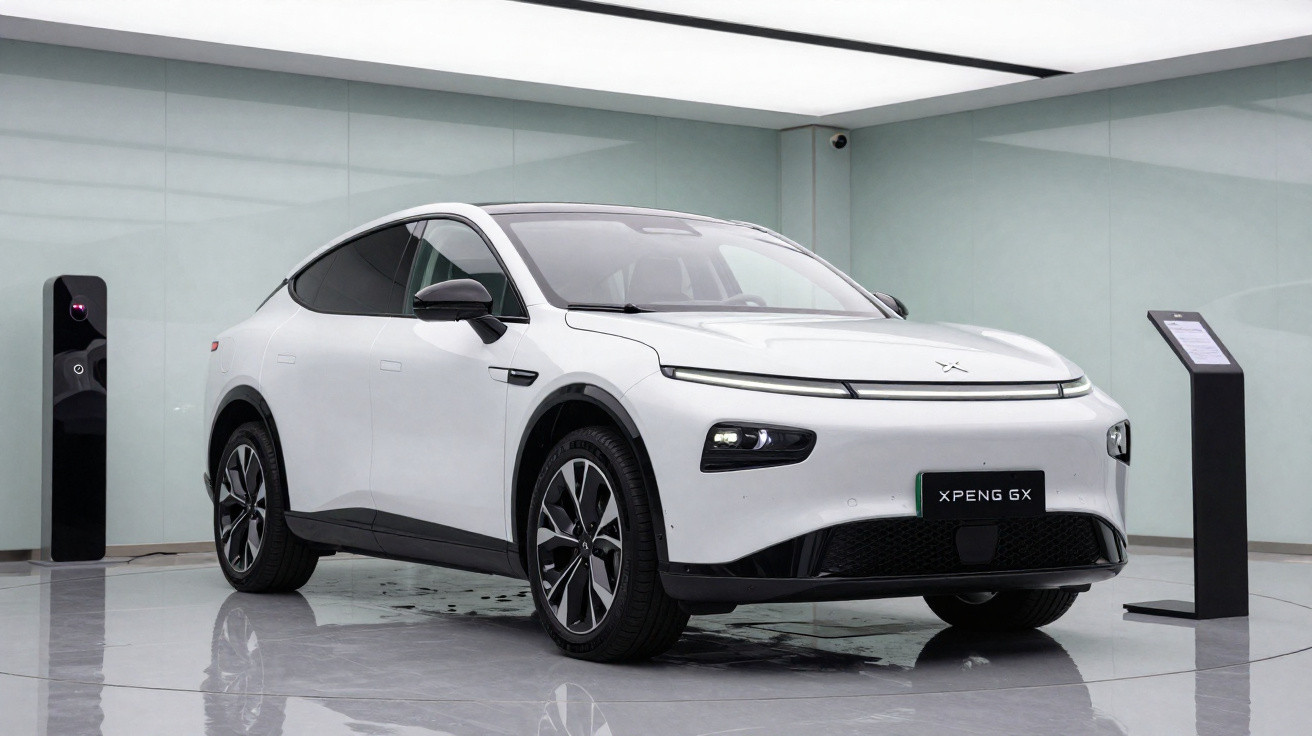 Carro elétrico branco Xpeng GX em área interna com estação de carregamento e painel explicativo ao lado.