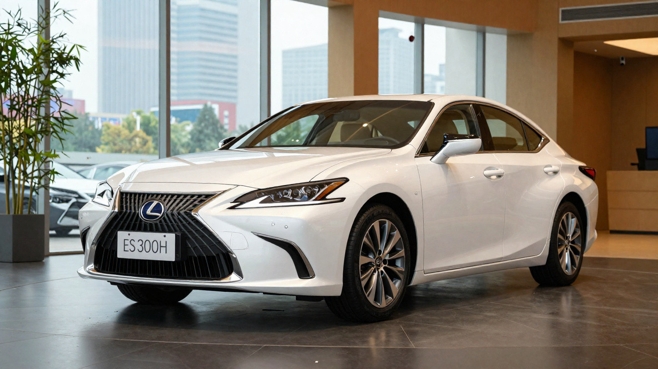 Carro branco Lexus ES 300H exibido em showroom com piso cinza e grande janela ao fundo.