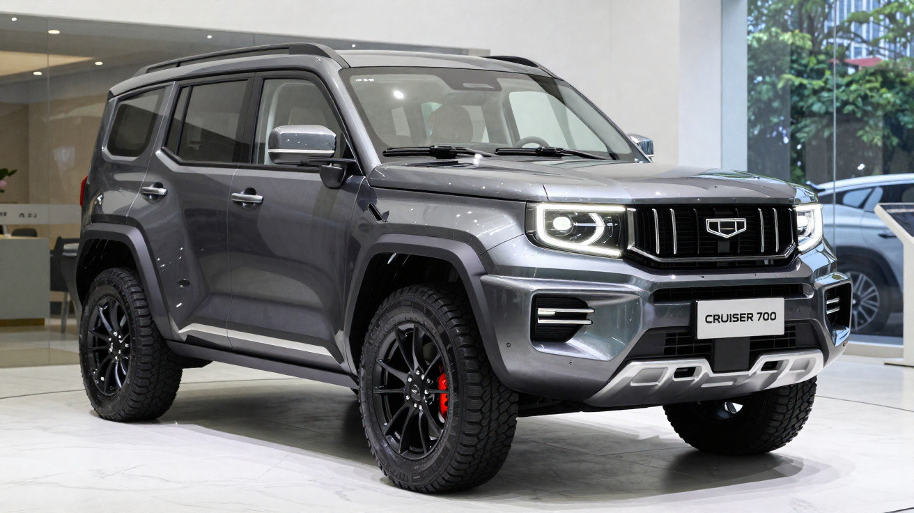 Carro SUV cinza Geely Cruiser 700 em showroom com rodas pretas e detalhes vermelhos no freio.