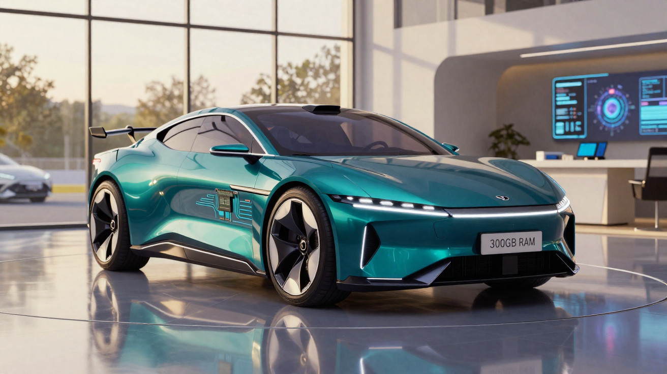 Carro esportivo elétrico verde em exposição dentro de showroom moderno com grande janela.