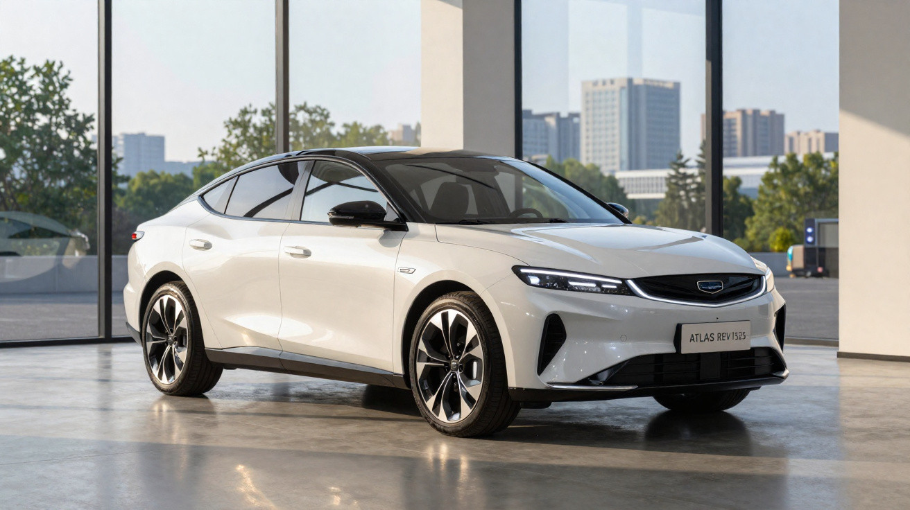Carro elétrico branco com teto preto estacionado em ambiente interno com janelas grandes e vista urbana ao fundo.