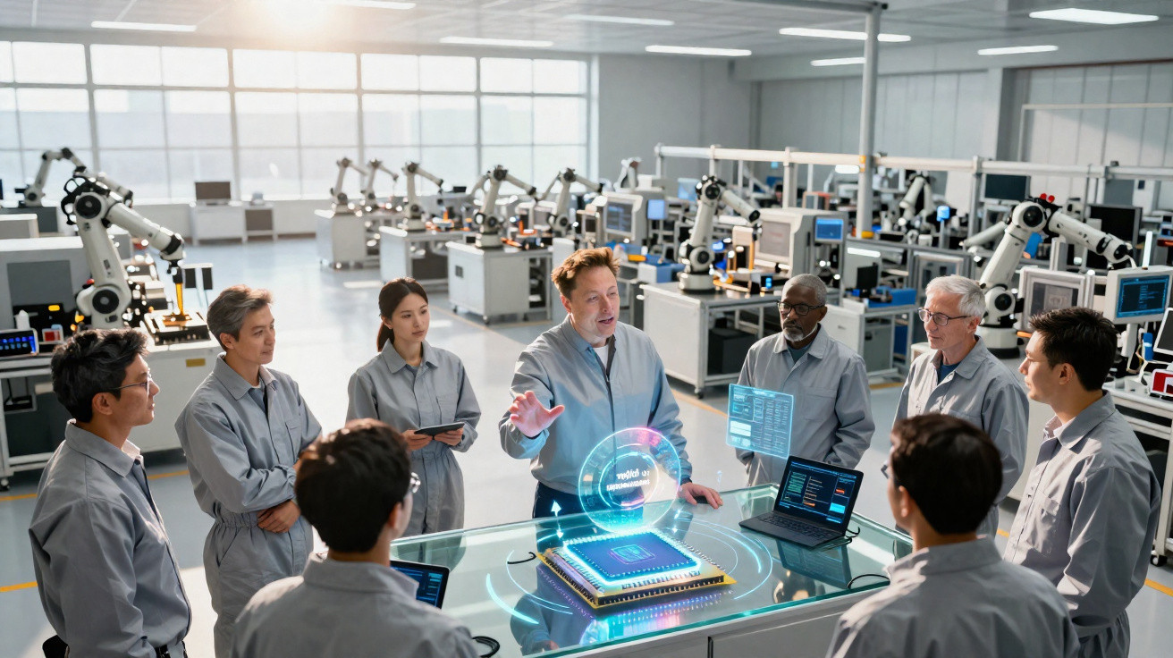 Grupo de engenheiros reunidos em laboratório de tecnologia com holograma de chip eletrônico sobre a mesa.