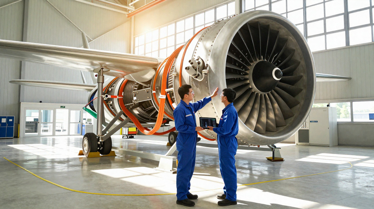 Engenheiros em macacão azul inspecionando motor de avião em hangar iluminado pela luz natural.