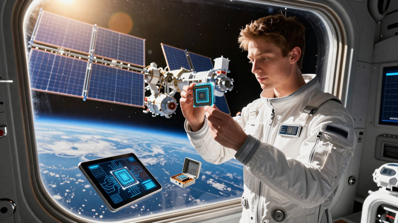 Astronauta dentro de nave espacial segurando chip, com estação espacial e Terra ao fundo.