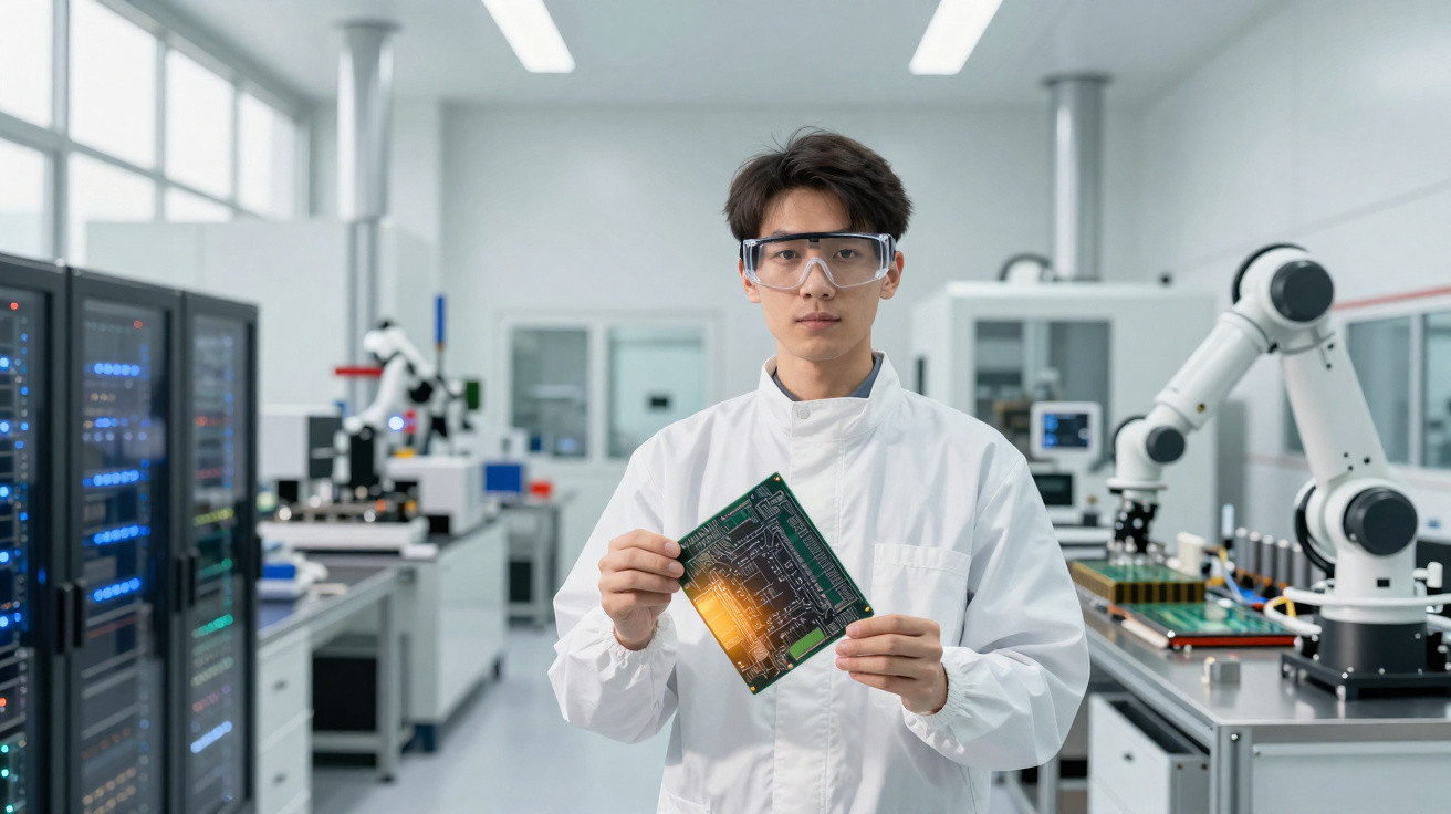 Jovem cientista em laboratório tecnológico segurando uma placa de circuito impresso com equipamentos ao fundo.