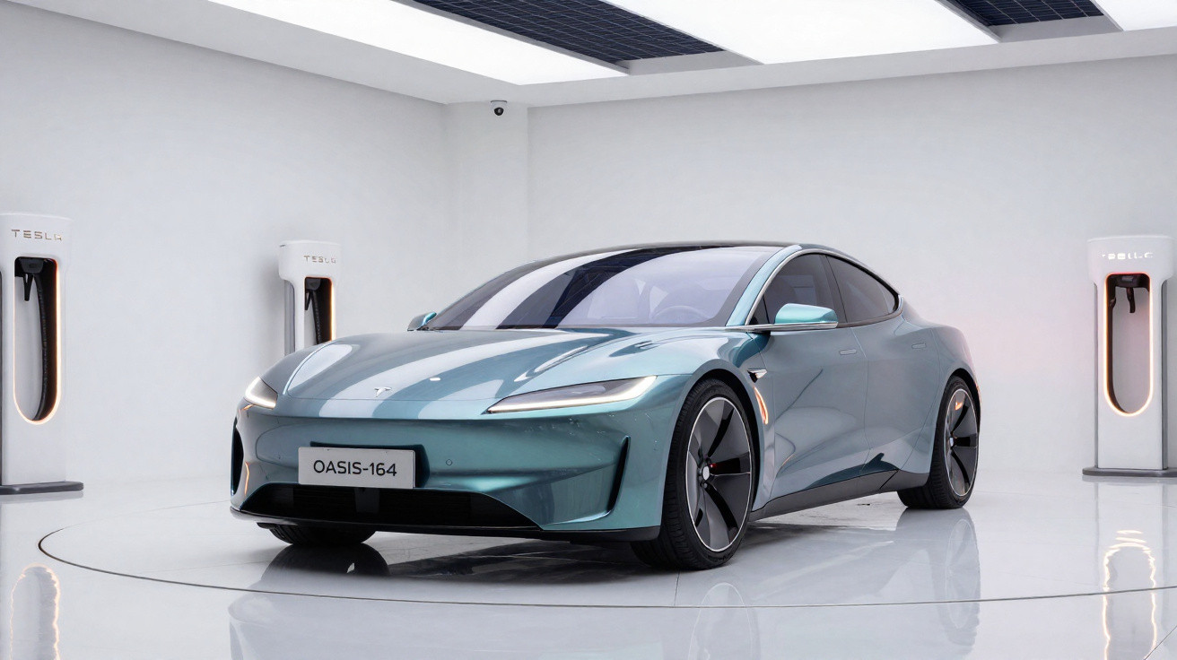 Carro elétrico esportivo azul em sala branca com três estações de carregamento Tesla ao fundo.