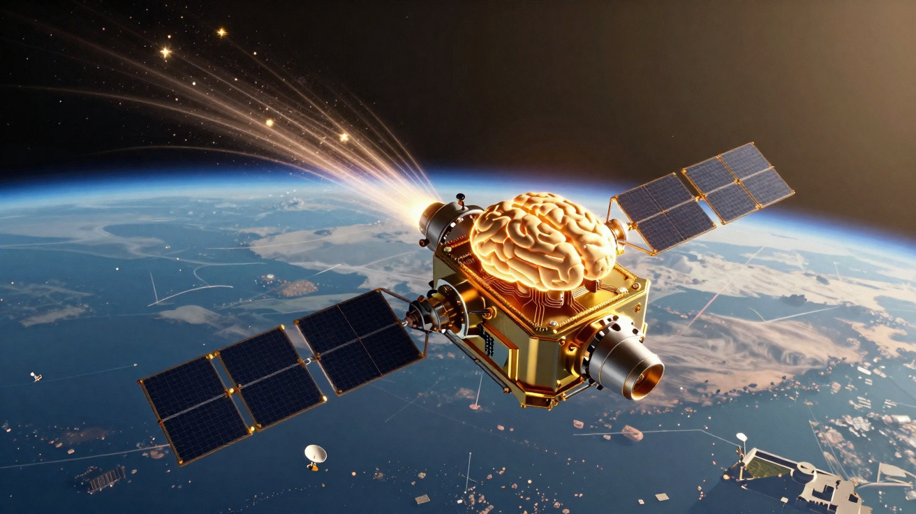 Satélite dourado com cérebro brilhante sobre a Terra, emitindo luzes no espaço sideral.