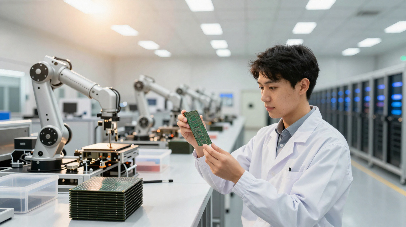 Jovem engenheiro inspeciona placa de circuito em laboratório com braços robóticos e servidores ao fundo.