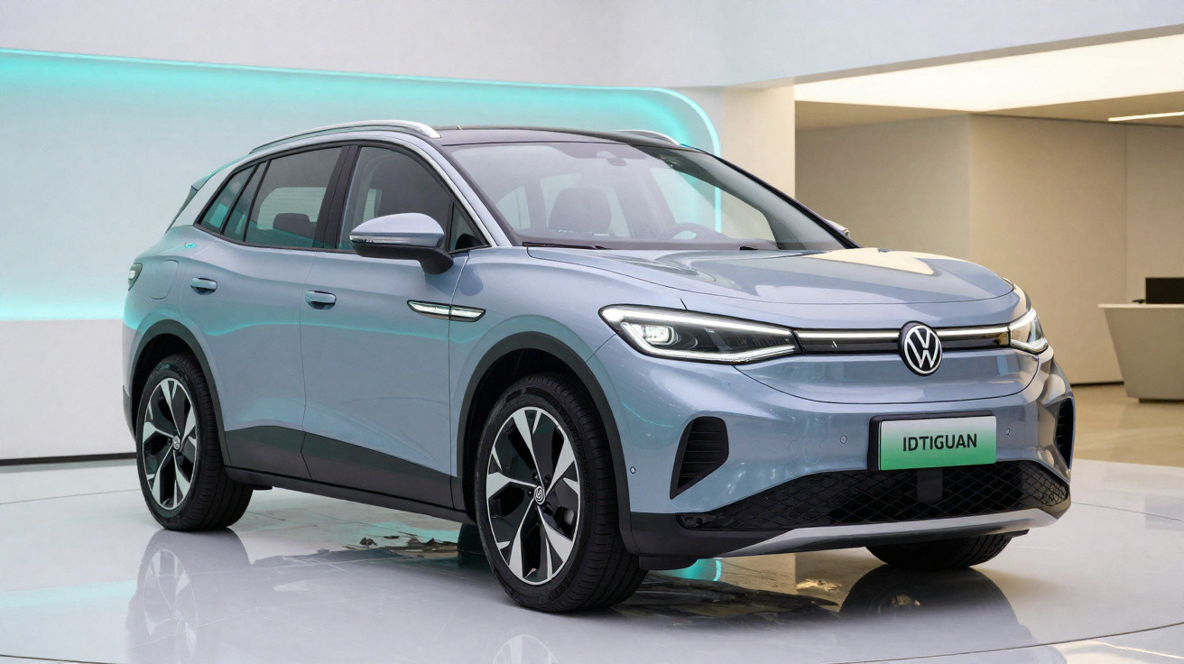 Carro Volkswagen ID. Tiguan cinza em exposição interna com iluminação azul ao fundo.