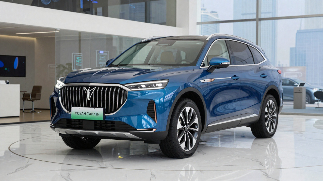 Carro SUV azul metálico estacionado em showroom moderno com piso branco brilhante e paredes de vidro.