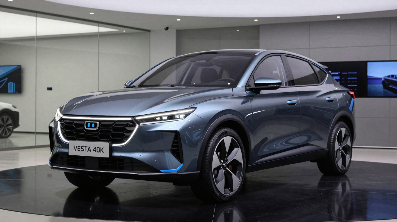 Carro elétrico moderno cinza Vesta 40K exposto em ambiente interno minimalista.