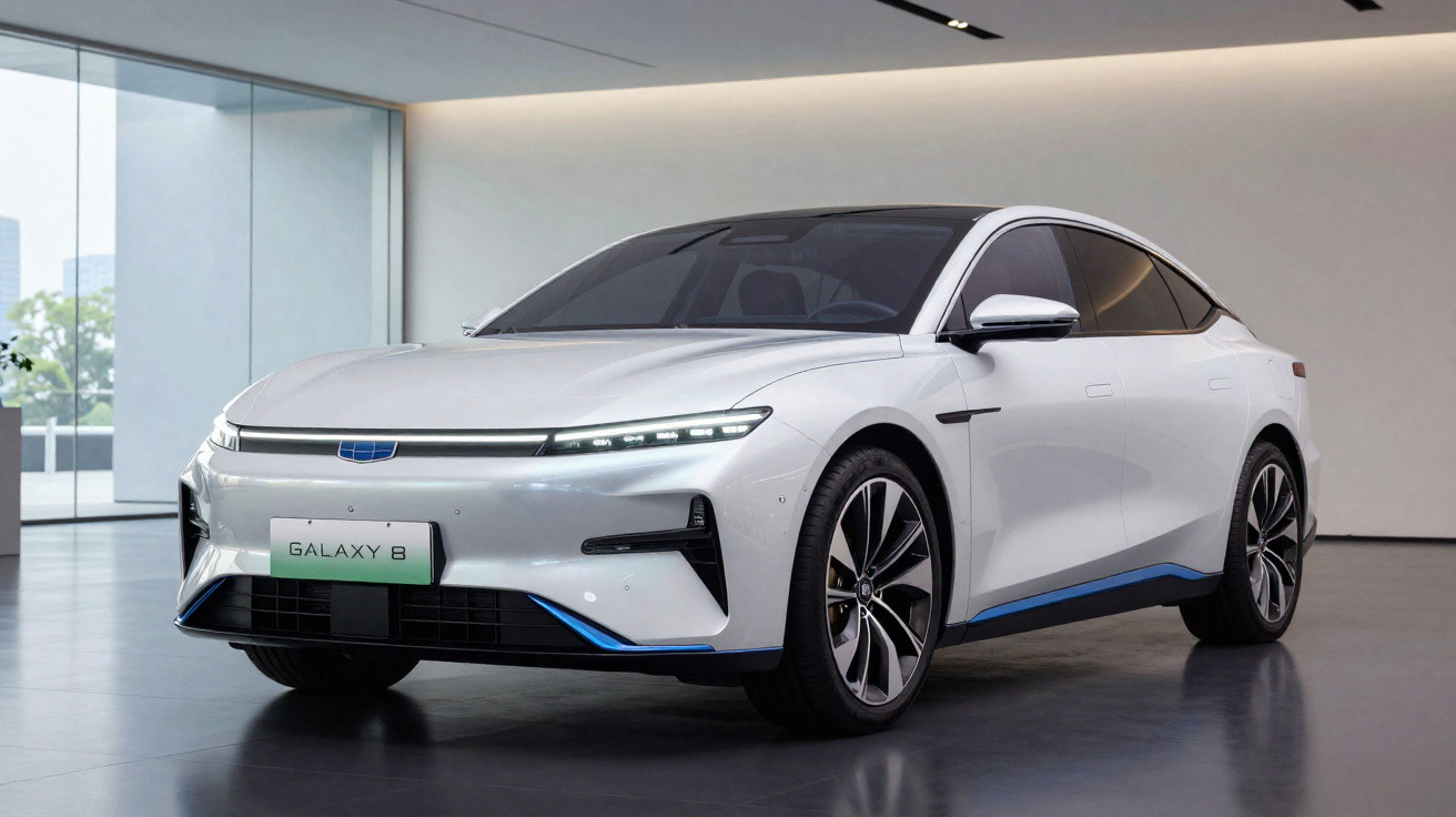 Carro elétrico branco modelo Galaxy 8 exibido em ambiente interno moderno e iluminado.