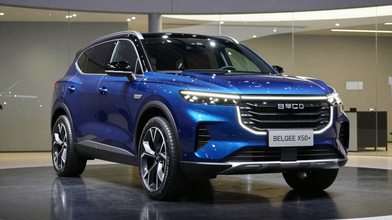 SUV azul elétrico BYD Belgee X50+ estacionado em ambiente interno com teto refletivo.