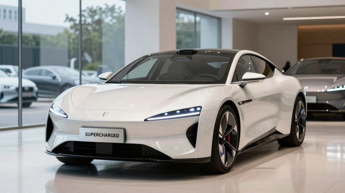 Carro esportivo elétrico branco com design aerodinâmico em showroom moderno e iluminado.