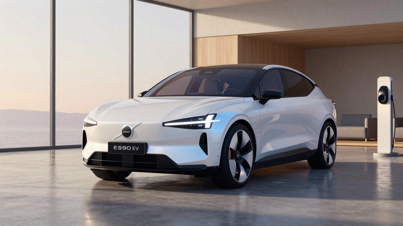 Carro elétrico branco Volvo ES90 EV estacionado em ambiente interno moderno com carregador ao fundo.