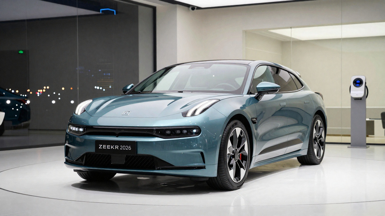 Carro elétrico azul Zeekr 2026 estacionado em ambiente interno moderno com carregador elétrico ao fundo.