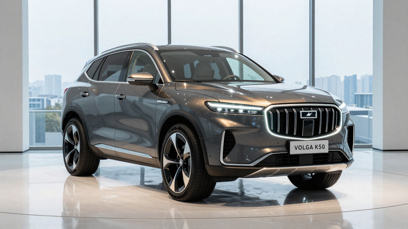 SUV cinza Volga K50 estacionado em ambiente interno com janelas grandes ao fundo.