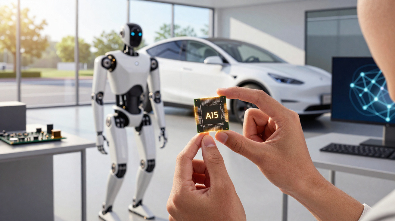 Pessoa segurando chip AI5 com robô humanoide e carro elétrico ao fundo em ambiente tecnológico moderno.