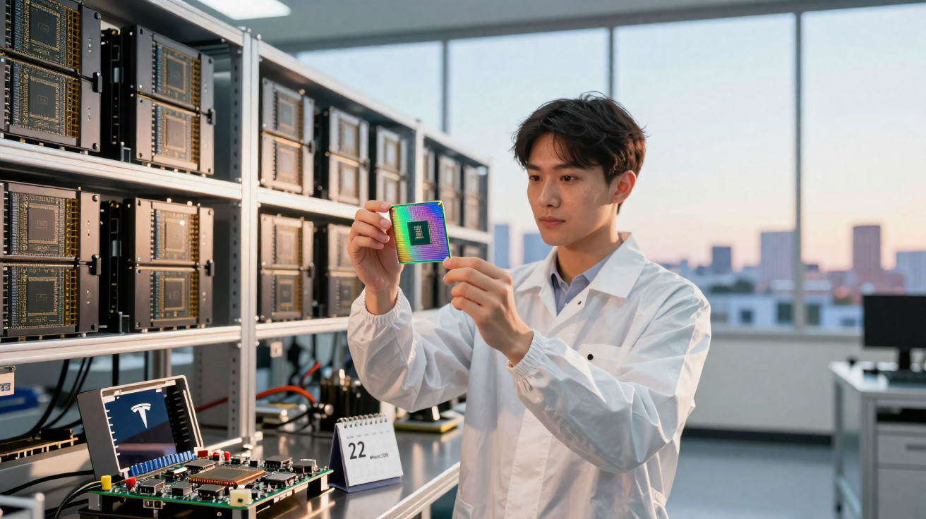 Homem em jaleco branco segurando um chip de computador em laboratório tecnológico com equipamentos eletrônicos ao fundo.