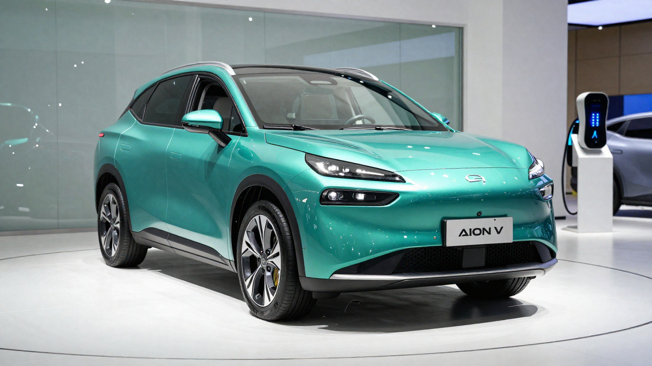 Carro elétrico verde Aion V em exposição, com design moderno e carregador visível ao fundo.