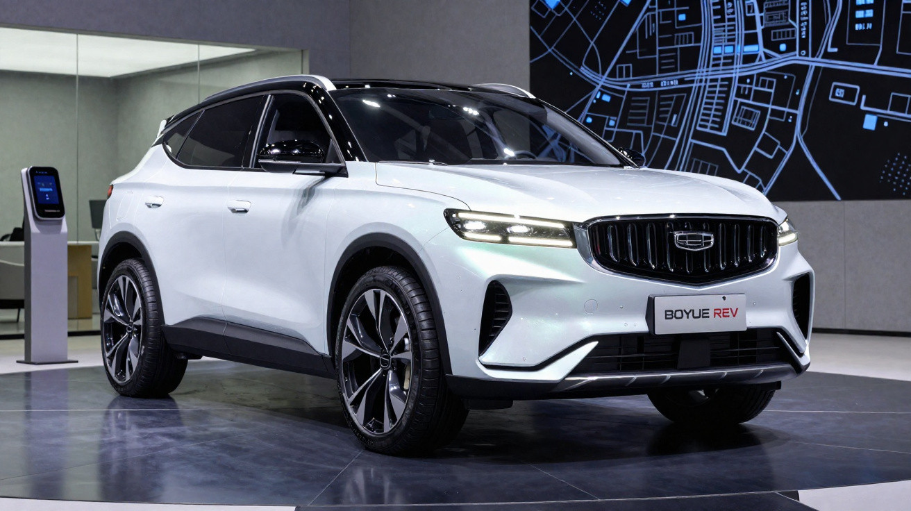 SUV elétrico branco Geely Boyue REV exposto em salão com painel digital ao fundo.
